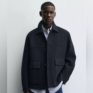 New Zara Overcoat Jacket Regular Fit Patch Pocket Flaps Button Navy Blue Size XL